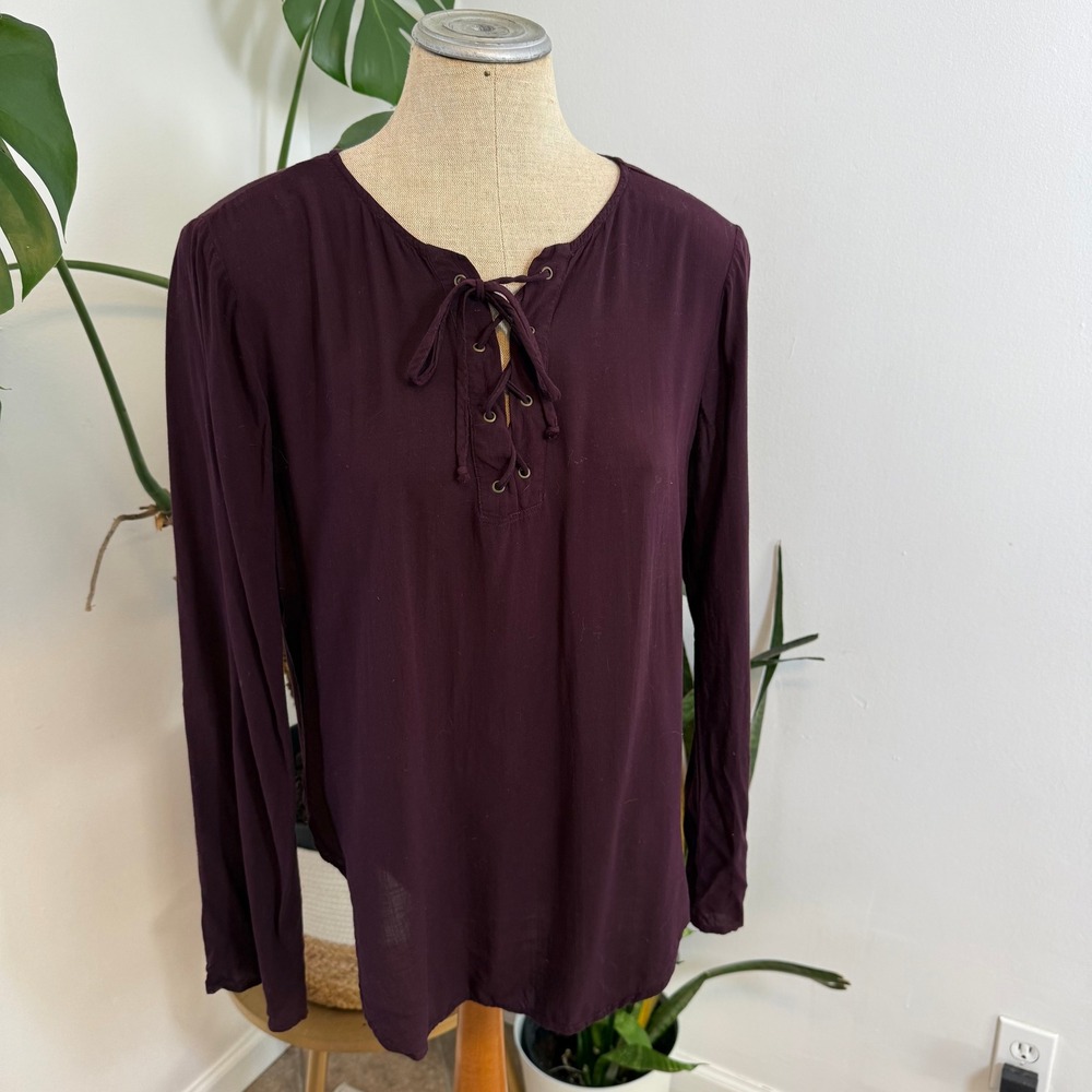Cloth & Stone Lace Up Blouse Womens Medium Purple Long Sleeve Boho Rayon Top